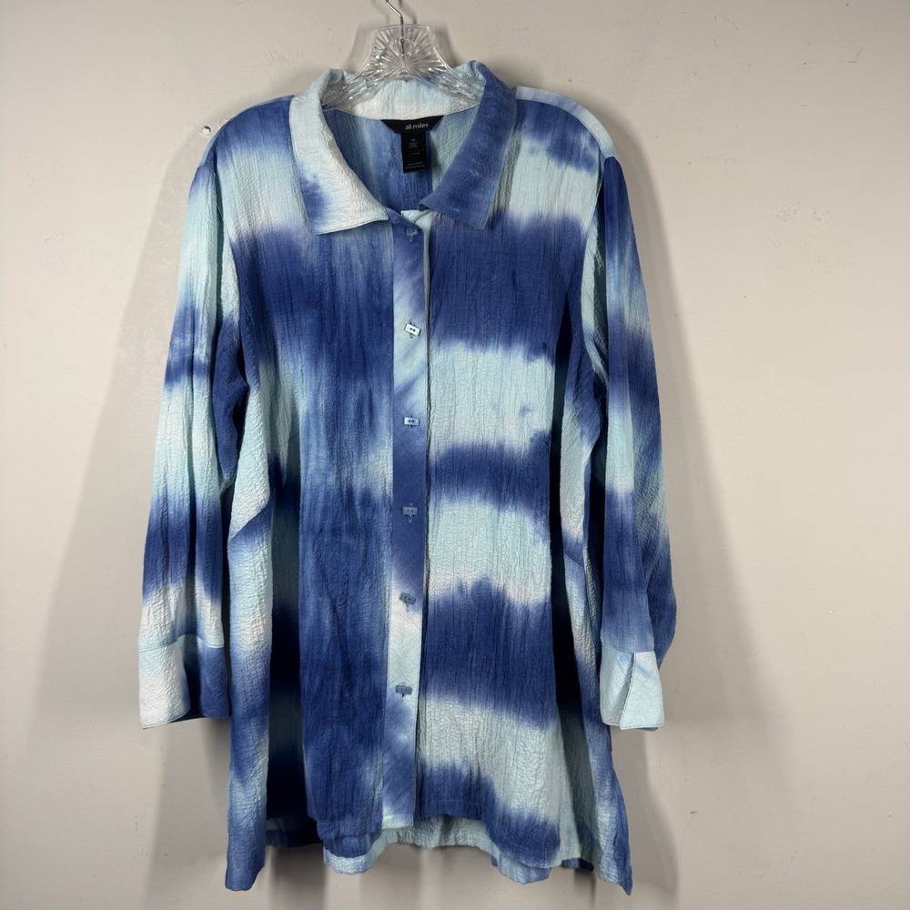Ali Miles Top Shirt Plus Sz 1X  Blue Tie Dye Crinkle Stretch Artsy Coastal Boho